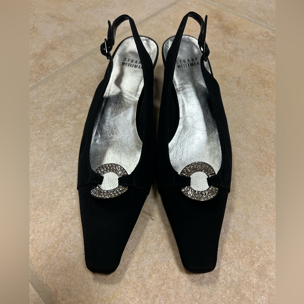 Stuart Weitzman Black Slingback Shoes with Glittering Buckle